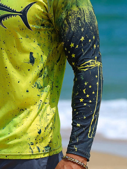 Men's Outdoor Sun Protection Breathable Cool Face Mask Hooded Printed Long-Sleeved Top