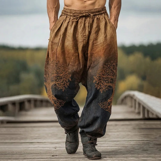 Men's Tree of Life Harem Pants - Ombre Brown Black Bohemian Loose Fit Drawstring Waist