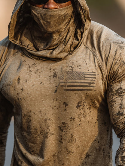 Men's Retro Flag Print Outdoor Sun Protection Breathable Cooling Mask Hooded Sun Protection Long Sleeve Top