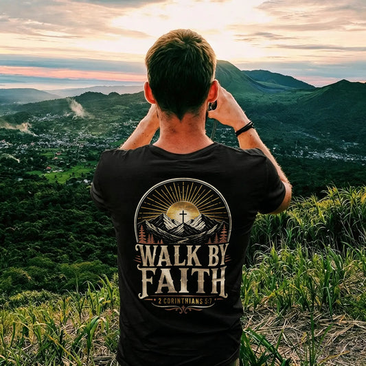 Walk By Faith Mountain Cross Sunset Printed Men's T-shirt