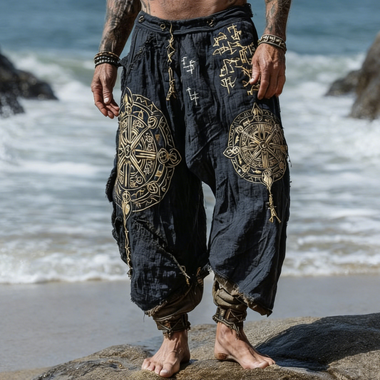 Unisex Distressed Pants - Dark Blue Gold Tribal Print Loose Fit Trousers