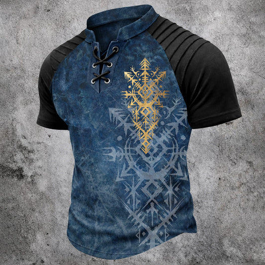 Men's Lace-Up Tribal Print T-Shirt - Vintage Blue Black Short Sleeve with Ribbed Shoulder