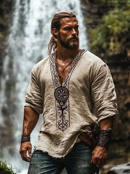 Yggdrasil Rune and Celtic Knot Printed Long-Sleeved Shirt