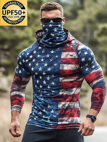 Men's Outdoor Sun Protection Breathable Cool Mask American Flag Print Hooded Sun Protection Long Sleeve Top