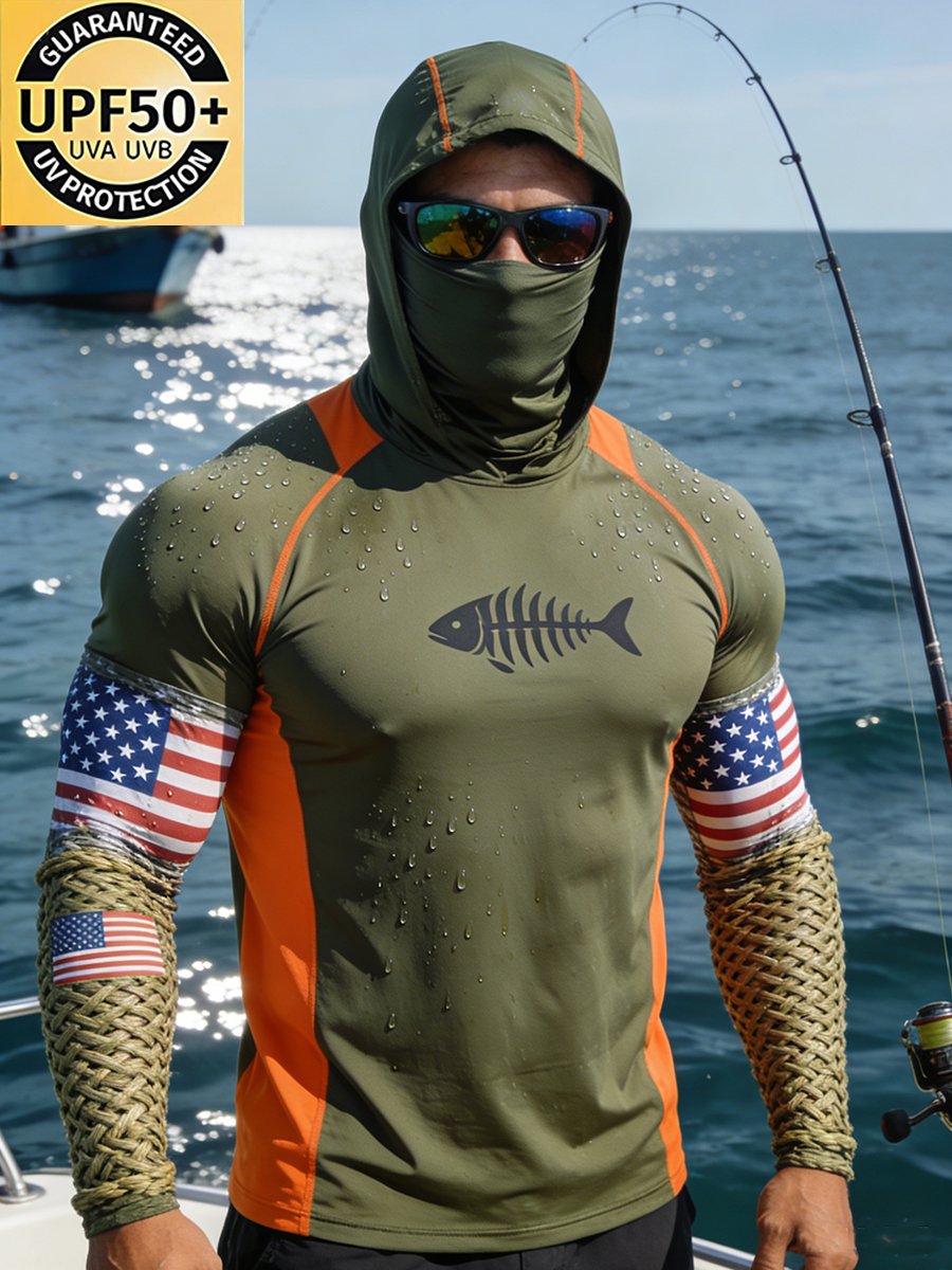 Men's Outdoor Sun Protection Breathable Cool Face Mask Hooded Printed Long-Sleeved Top