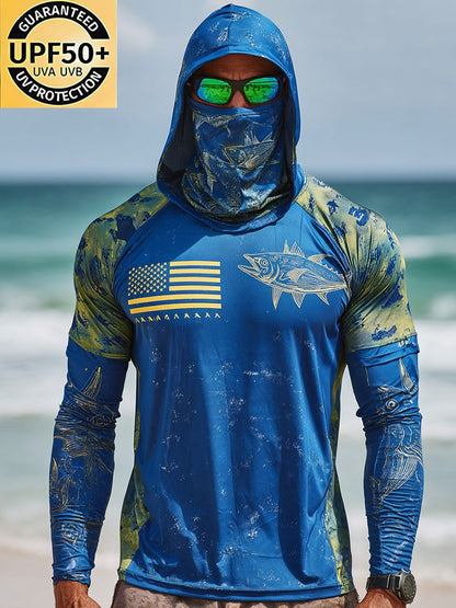 Men's Outdoor Sun Protection Breathable Cool Face Mask Hooded Printed Long-Sleeved Top