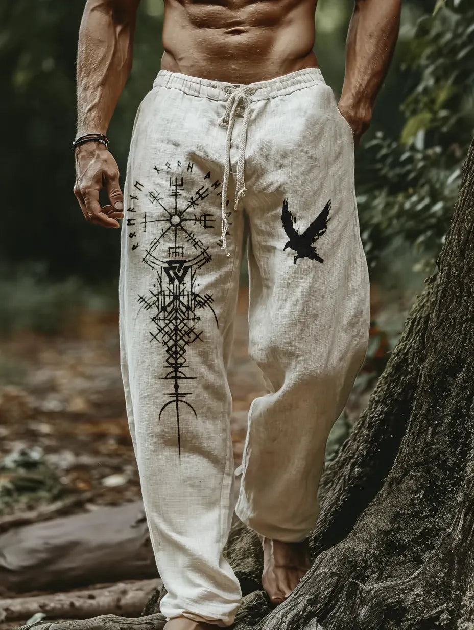 Men's Viking Holiday Style Vintage Ethnic Rune Raven Totem Casual Linen Pants