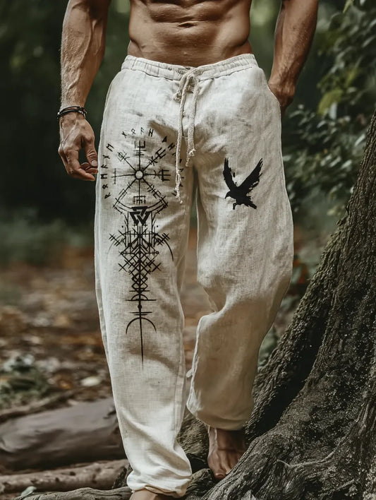 Men's Viking Holiday Style Vintage Ethnic Rune Raven Totem Casual Linen Pants