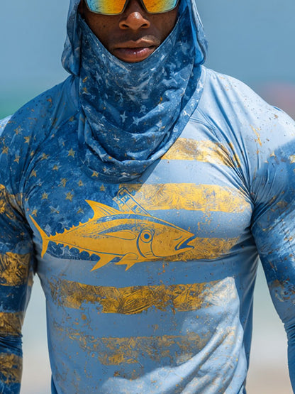 Men's Outdoor Sun Protection Breathable Cool Face Mask Hooded Printed Long-Sleeved Top