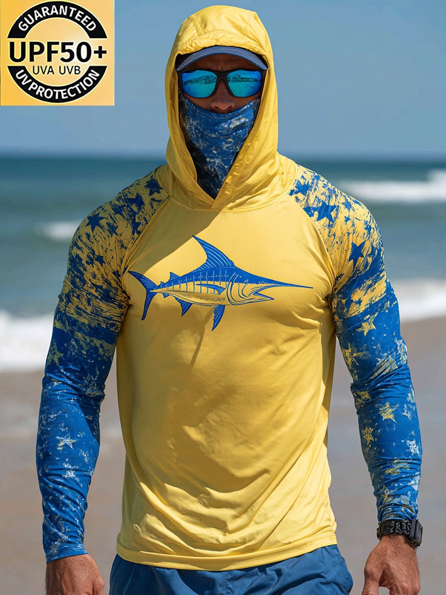 Men's Outdoor Sun Protection Breathable Cool Face Mask Hooded Printed Long-Sleeved Top