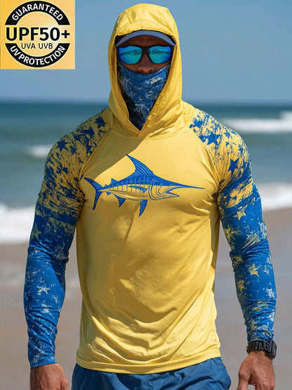 Men's Outdoor Sun Protection Breathable Cool Face Mask Hooded Printed Long-Sleeved Top