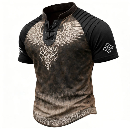 Men's Viking Celtic Print Short Sleeve Henley Shirt - Distressed Lace-Up Pullover Top