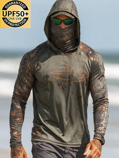 Men's Outdoor Sun Protection Breathable Cool Face Mask Hooded Printed Long-Sleeved Top