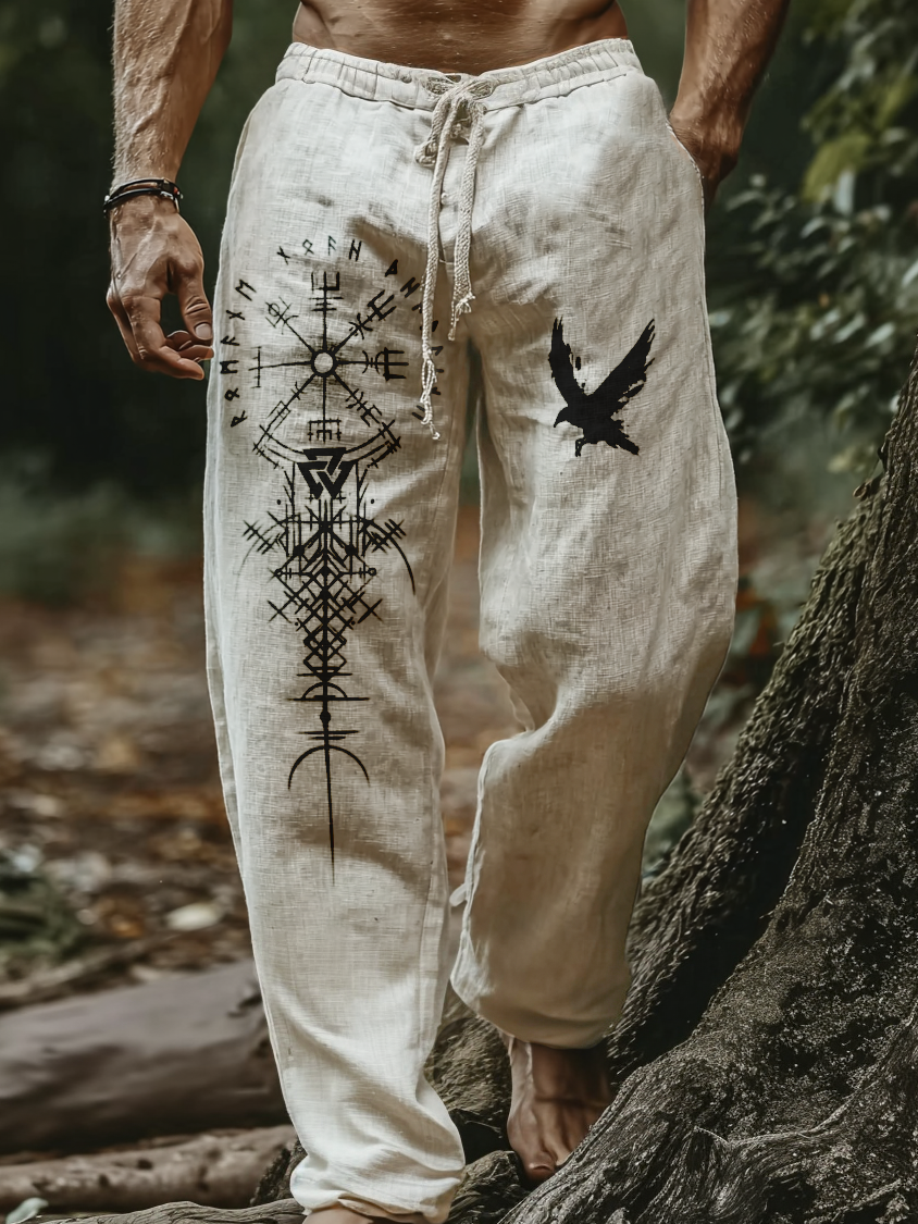 Men's Viking Holiday Style Vintage Ethnic Rune Raven Totem Casual Linen Pants