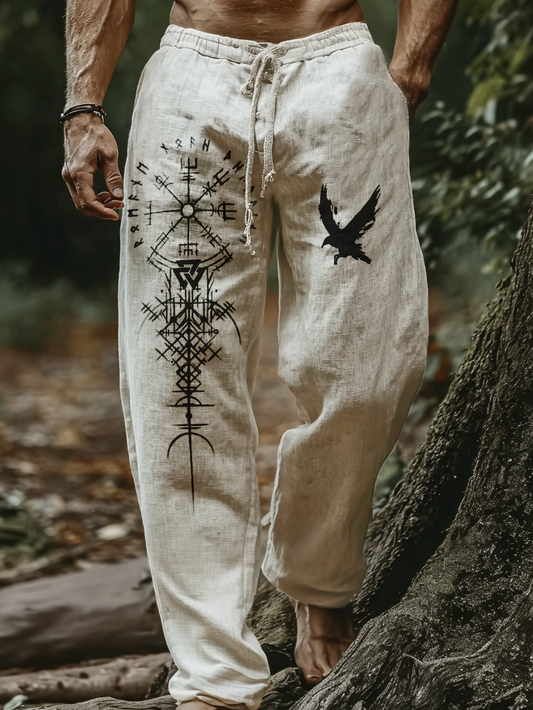 Men's Viking Holiday Style Vintage Ethnic Rune Raven Totem Casual Linen Pants