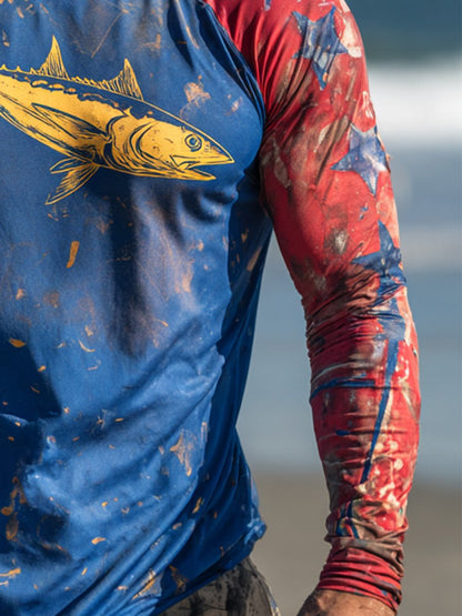 Men's Outdoor Sun Protection Breathable Cool Face Mask Hooded Printed Long-Sleeved Top