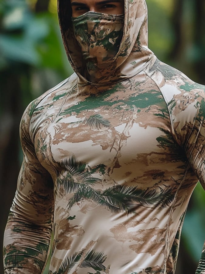 Men's Outdoor Sun Protection Breathable Cool Hunting Camouflage Mask Hooded Sun Protection Long-Sleeved Top