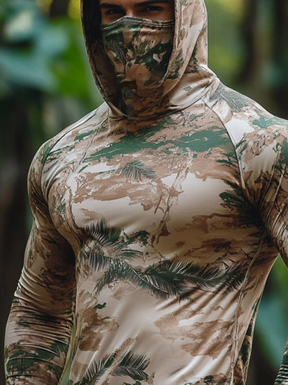 Men's Outdoor Sun Protection Breathable Cool Hunting Camouflage Mask Hooded Sun Protection Long-Sleeved Top