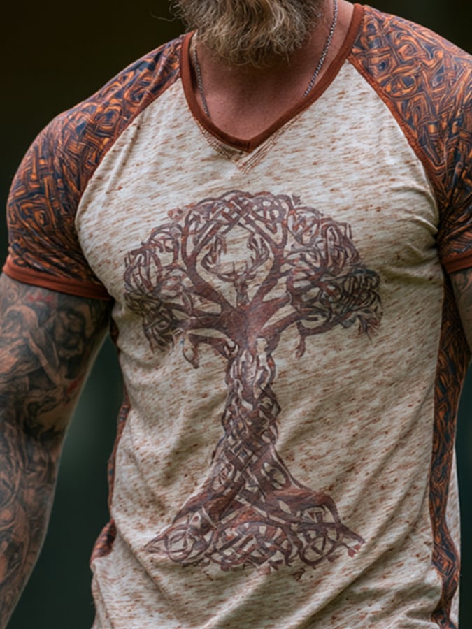 Men's Vintage Viking-Style Color-Block V-Neck Short-Sleeve Top