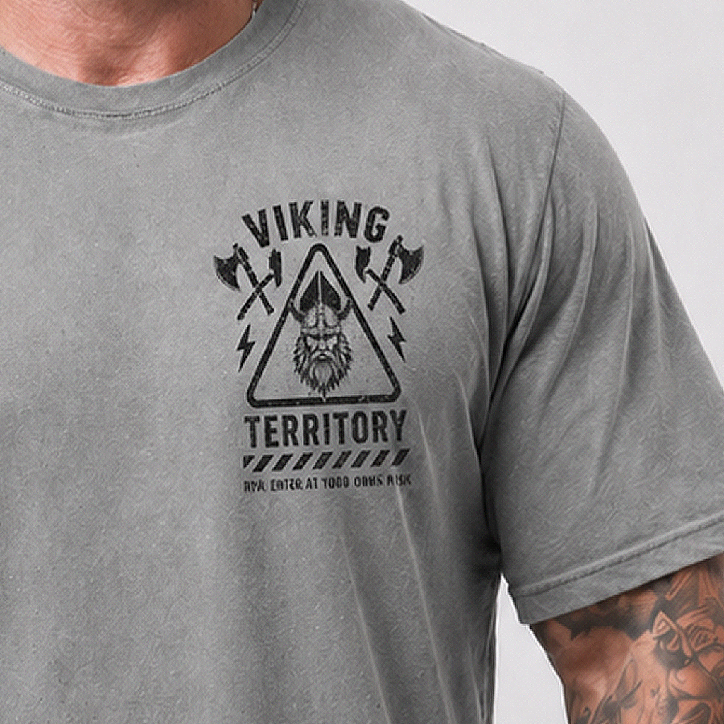 Men's Graphic Print T-Shirt - Grey Viking Territory Casual Gym Short Sleeve Tee