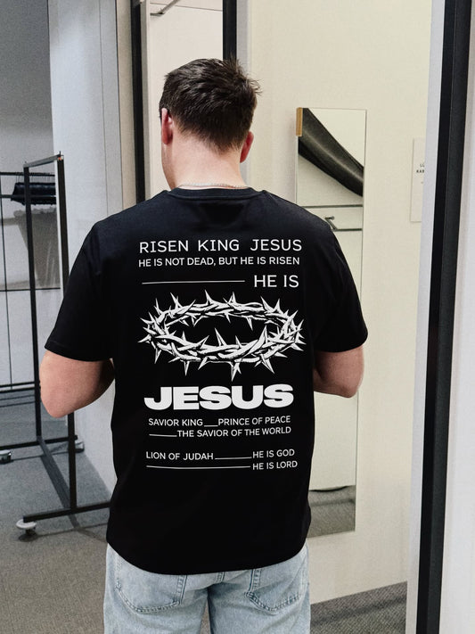 Risen King Jesus, He Is Not Dead, But He Is Risen, He Is, Jesus, Savior King, Prince Of Peace Printed Men's T-shirt