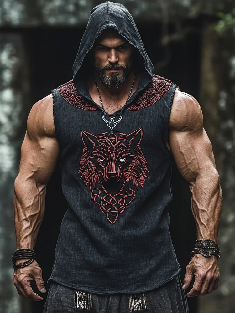 Men's Viking Knot Tribal Print Wolf Art Pattern Linen Sleeveless Hoodie