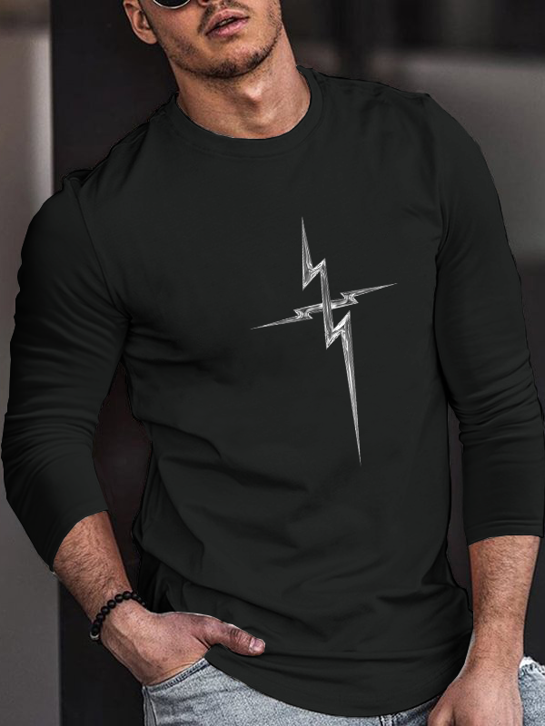 Liquid Metal Lightning Cross Cotton Crew Neck Long Sleeve T-Shirt