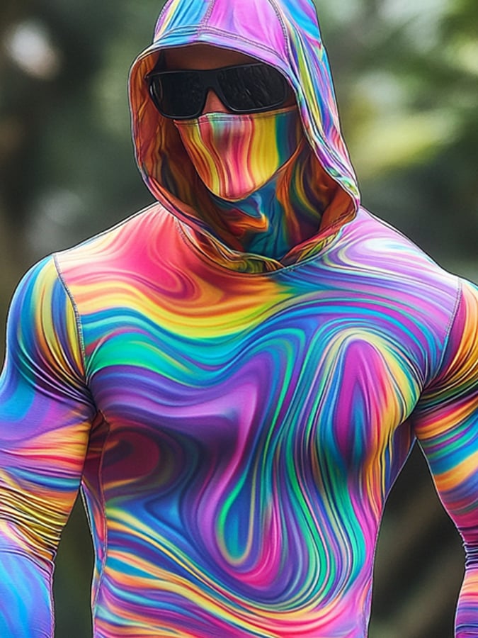 Men's Outdoor Sun Protection Breathable Cool Colorful Mask Hooded Sun Protection Long-Sleeved Top