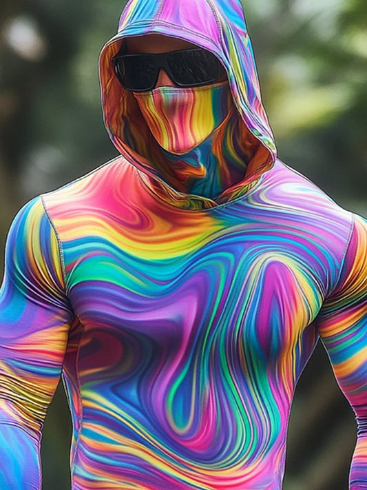 Men's Outdoor Sun Protection Breathable Cool Colorful Mask Hooded Sun Protection Long-Sleeved Top
