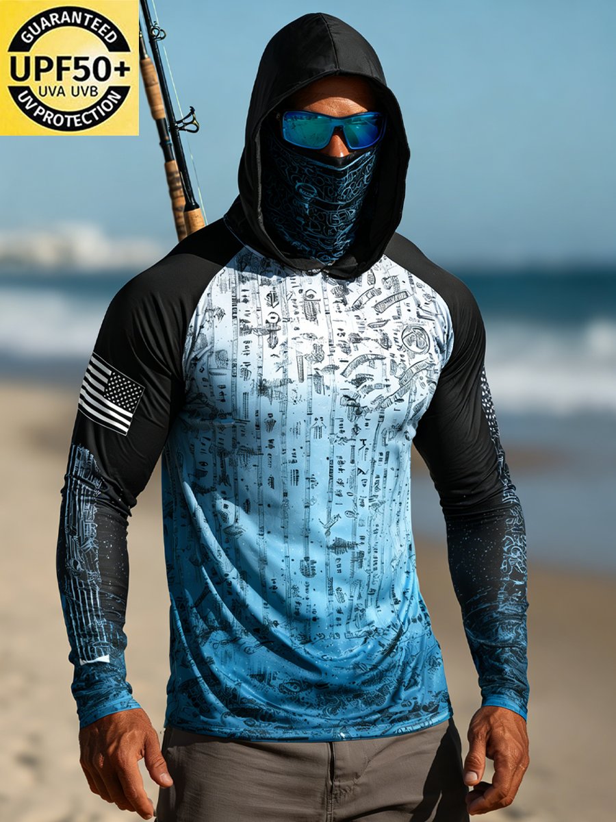 Men's Outdoor Sun Protection Breathable Cool Face Mask Hooded Printed Long-Sleeved Top