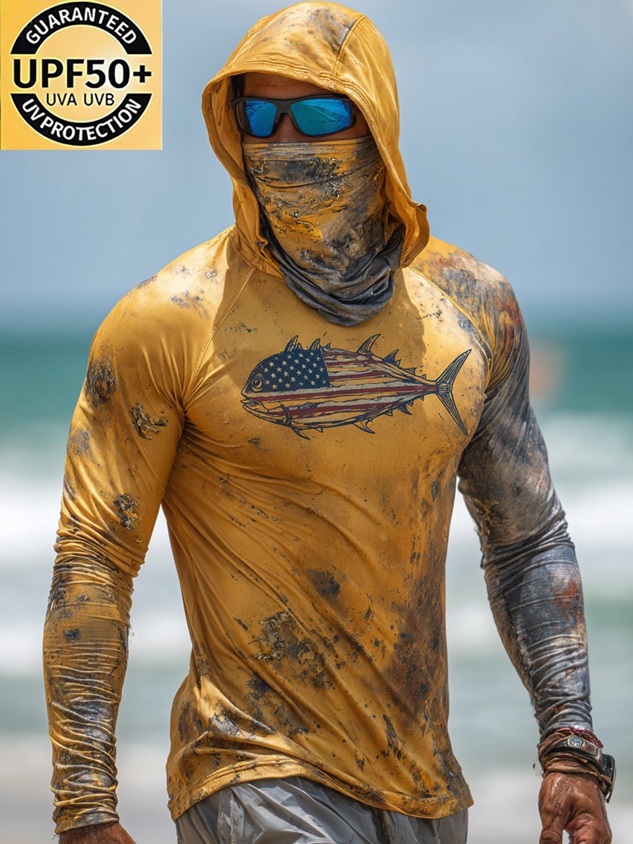Men's Outdoor Sun Protection Breathable Cool Face Mask Hooded Printed Long-Sleeved Top