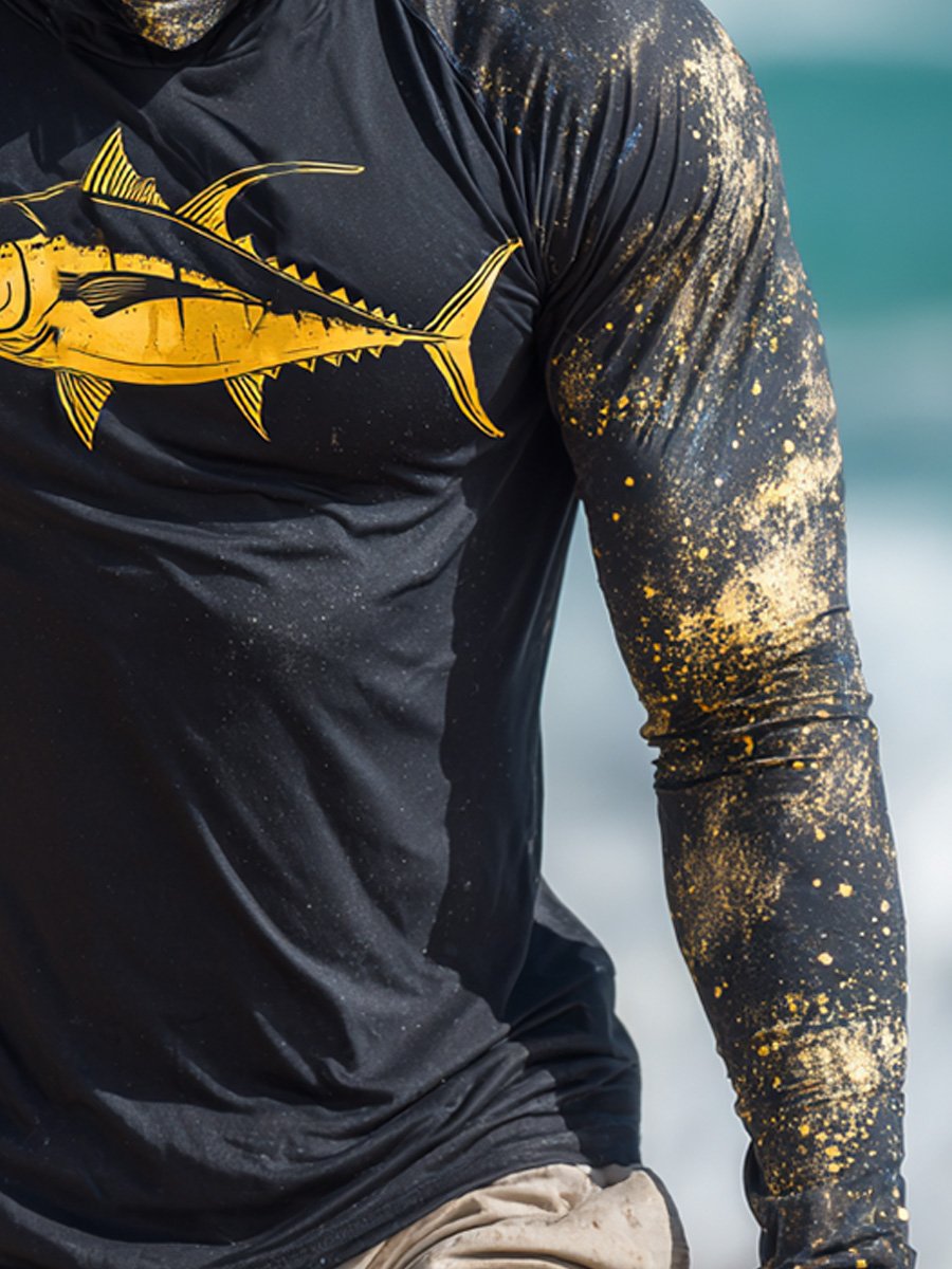 Men's Outdoor Sun Protection Breathable Cool Face Mask Hooded Printed Long-Sleeved Top