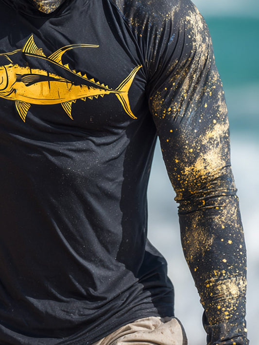 Men's Outdoor Sun Protection Breathable Cool Face Mask Hooded Printed Long-Sleeved Top