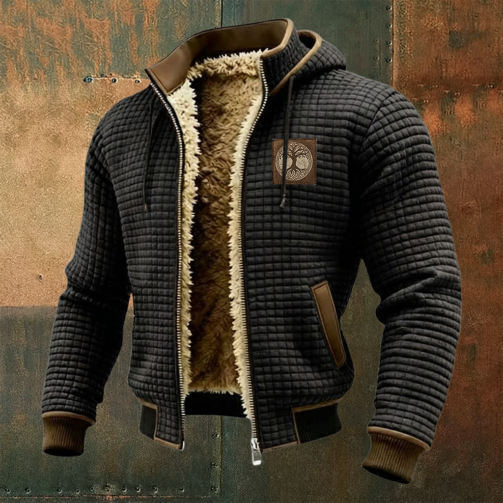 Men's Thermal Grid Jacket Viking Yggdrasill Totem Fleece Shearling & Structured Waffle Zip-Up Hoodie