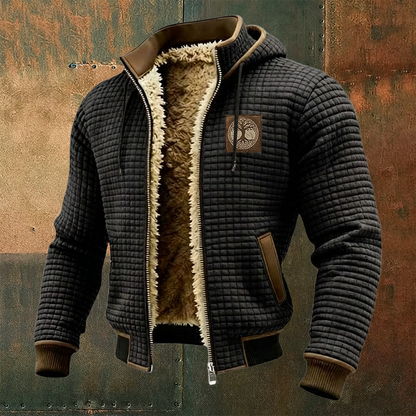 Men's Thermal Grid Jacket Viking Yggdrasill Totem Fleece Shearling & Structured Waffle Zip-Up Hoodie