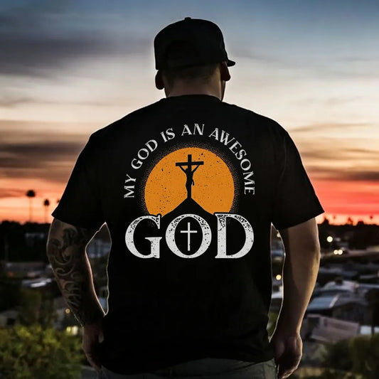 My God Is An Awesome God Crucifix Sunset Printed Men's T-shirt