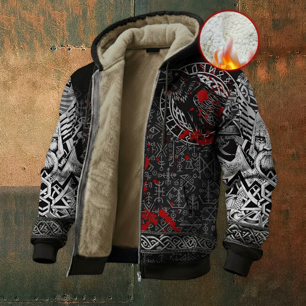 Viking Nordic Raven Vegvisir Rune Casual Long-Sleeve Warm Fleece Hoodie
