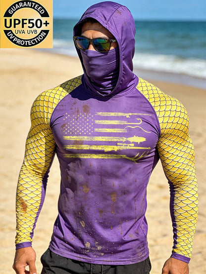 Men's Outdoor Sun Protection Breathable Cool Face Mask Hooded Printed Long-Sleeved Top