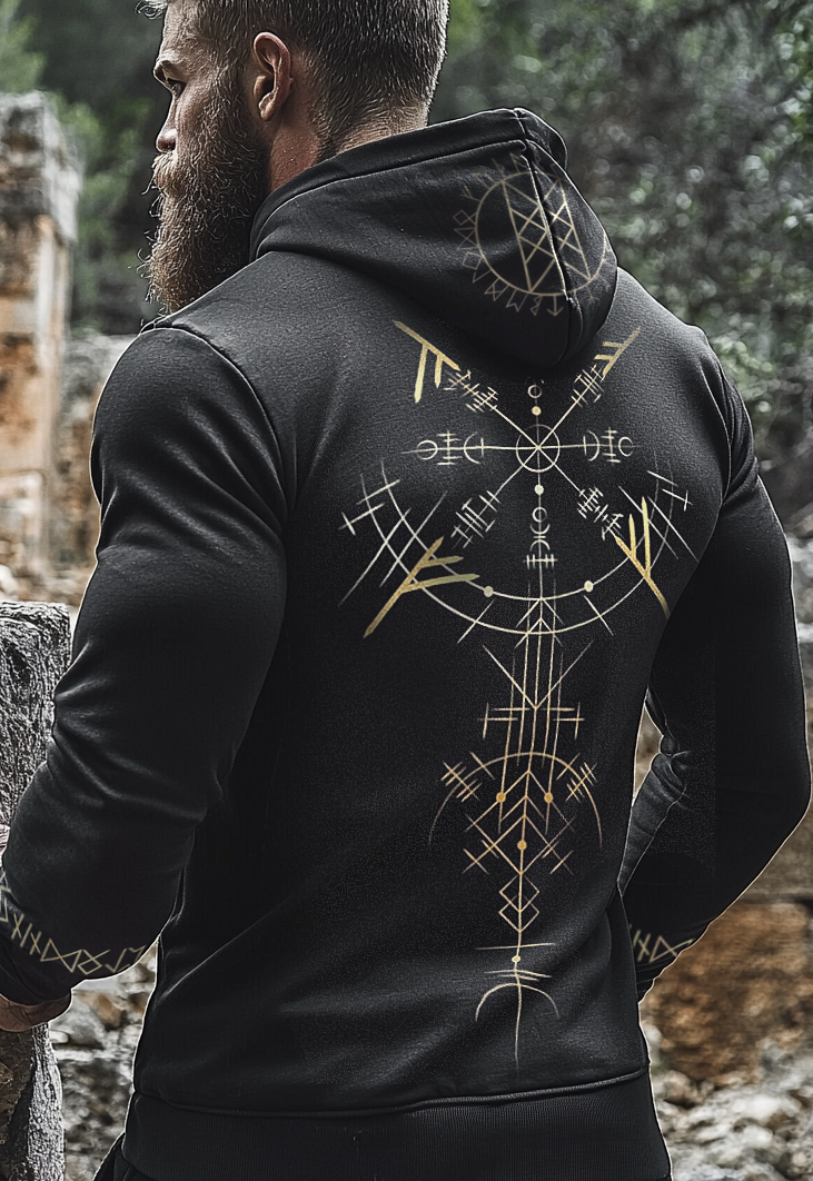 Vikings Printed Totem Vintage Golden Rune Unisex Casual Sports Hoodie