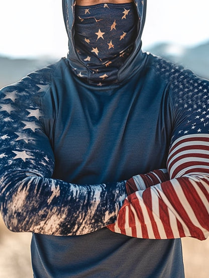 Men's Outdoor Sun Protection Breathable Cool Mask American Flag Print Hooded Sun Protection Long Sleeve Top