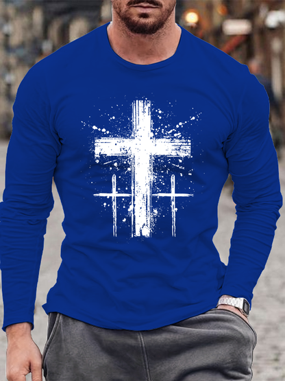 Cross Printed Cotton Long Sleeve T-Shirt