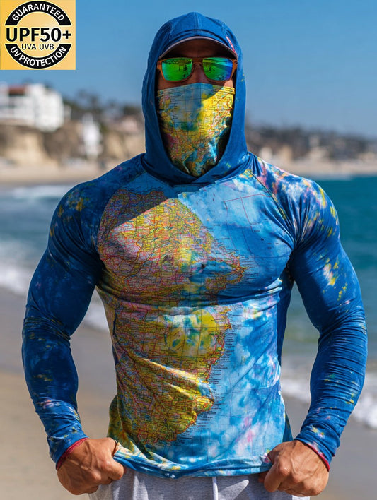 Men's Vivid Tie-Dye World Map Hooded Sun Protection Top