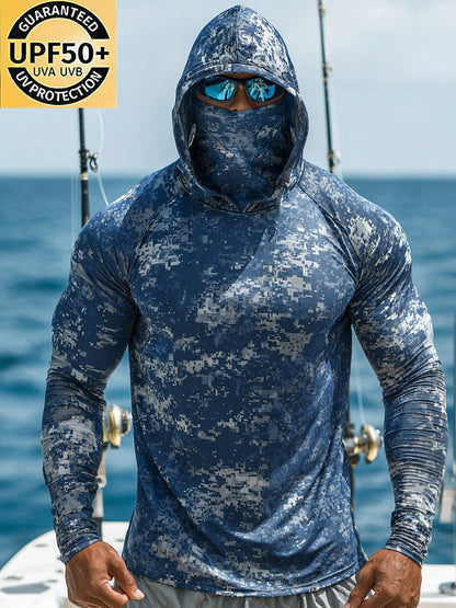 Men's Outdoor Sun Protection Breathable Cool Face Mask Hooded Printed Long-Sleeved Top
