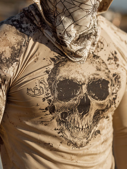 Men's Retro Skull Flag Outdoor Sun Protection Breathable Cooling Mask Hooded Sun Protection Long Sleeve Top