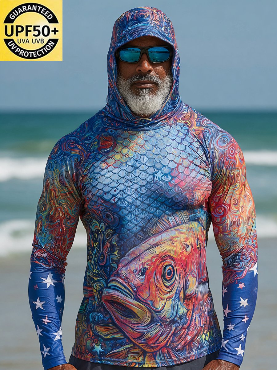 Men's Outdoor Sun Protection Breathable Cool Face Mask Hooded Printed Long-Sleeved Top