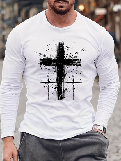 Cross Printed Cotton Long Sleeve T-Shirt