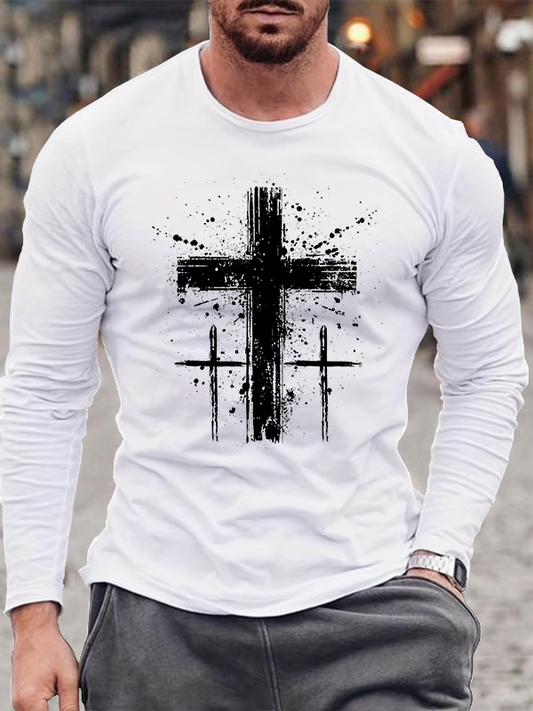 Cross Printed Cotton Long Sleeve T-Shirt