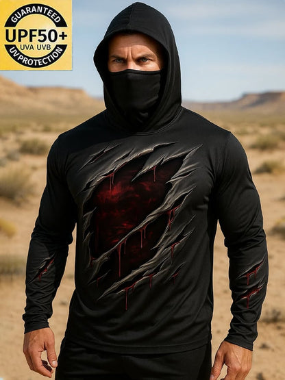 Men's Outdoor Sun Protection Breathable Cool Real 3D Printed Mask Hooded Sun Protection Long-Sleeved Top