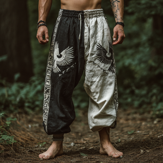 Men's Viking Runes Nordic Two-Tone Raven Pattern Pants