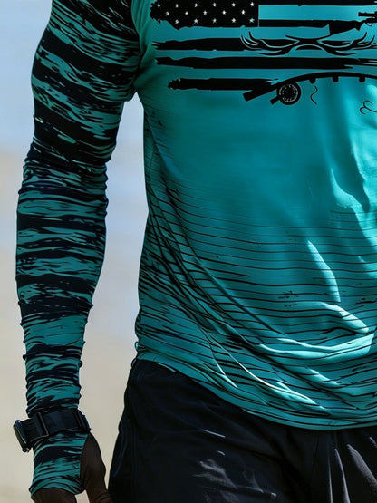 Men's Outdoor Sun Protection Breathable Cool Face Mask Hooded Printed Long-Sleeved Top